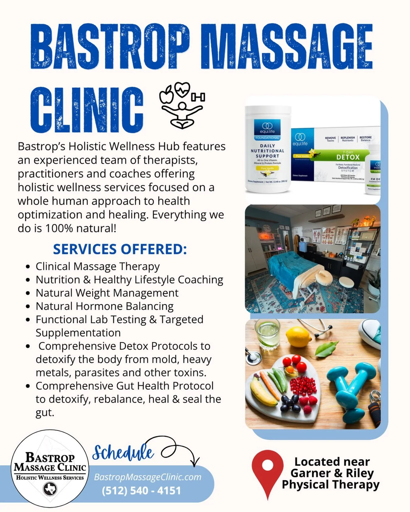 🌿 Ready to reset your health from the inside out?

True healing looks at the whole picture. 

At Bastrop Massage Clinic, we don&rsquo;t just treat symptoms or patch things up with surface level solutions&mdash;we deep dive with you and use a 100% na
