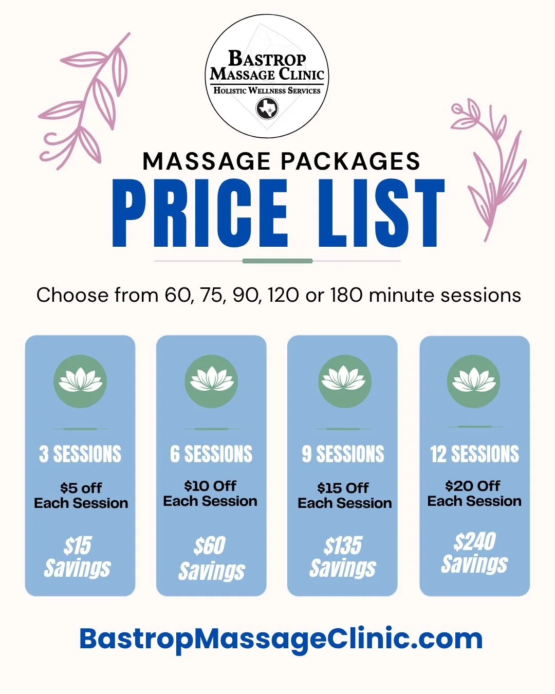 ✨Prioritize your wellness routine and save!

We are excited to share our package options designed to help you make consistent self-care a seamless part of your lifestyle. Whether you prefer 60, 75, 90, 120, or 180-minute sessions, choosing a package 