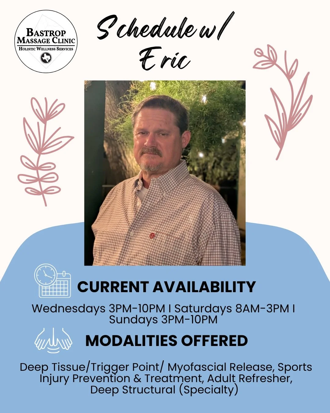 📢Eric has some last minute availability today between 5-10pm for deep tissue, trigger point therapy and myofascial release. 🤲🏼Eric also specializes in Deep Structural work so if you've been struggling with chronic pain and discomfort from postural