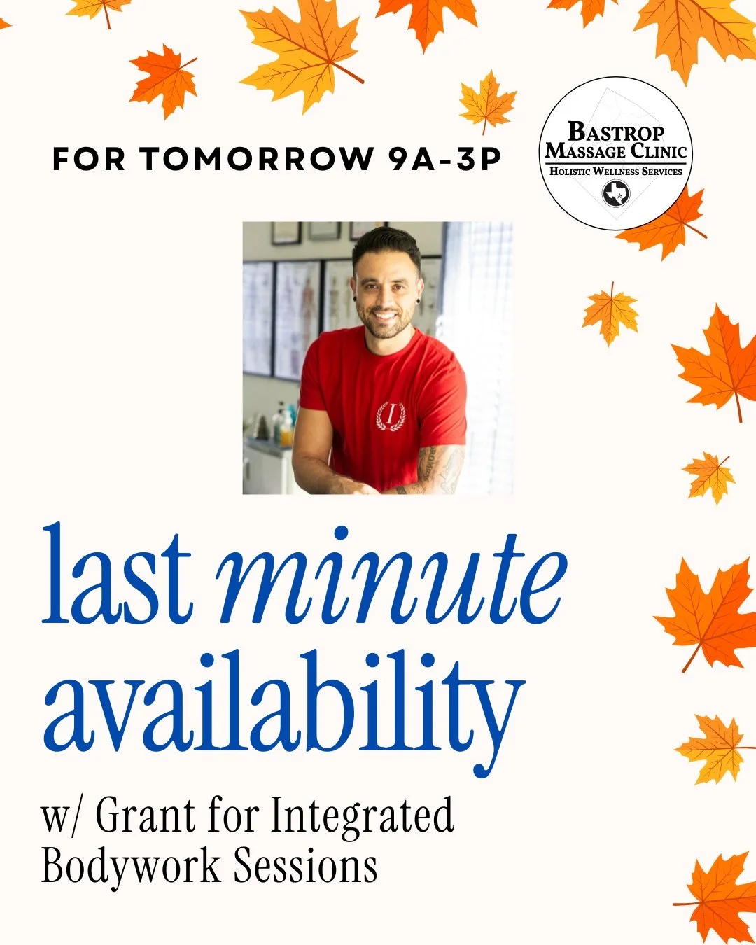 Grant has appointment availability that popped up for tomorrow, Thursday, 10/22 from 9AM-3P! He is booked up for the rest of the month, so tomorrow is your chance to schedule with him for an Integrated Bodywork session or to take advantage of our spe