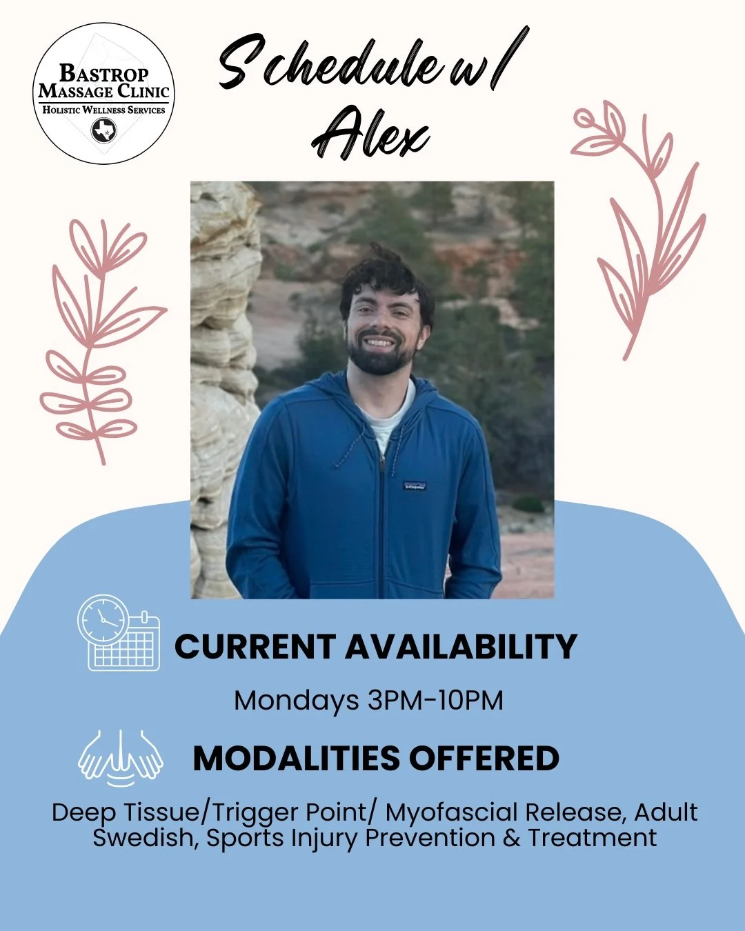 🚨Alex has ONE appointment slot available today at 5:15pm for a deep tissue/trigger point therapy/myofascial release OR our Fall promotional session of a 60 minute custom massage + FREE hot stone therapy &amp; seasonal aromatherapy upgrades‼️

📆Sche