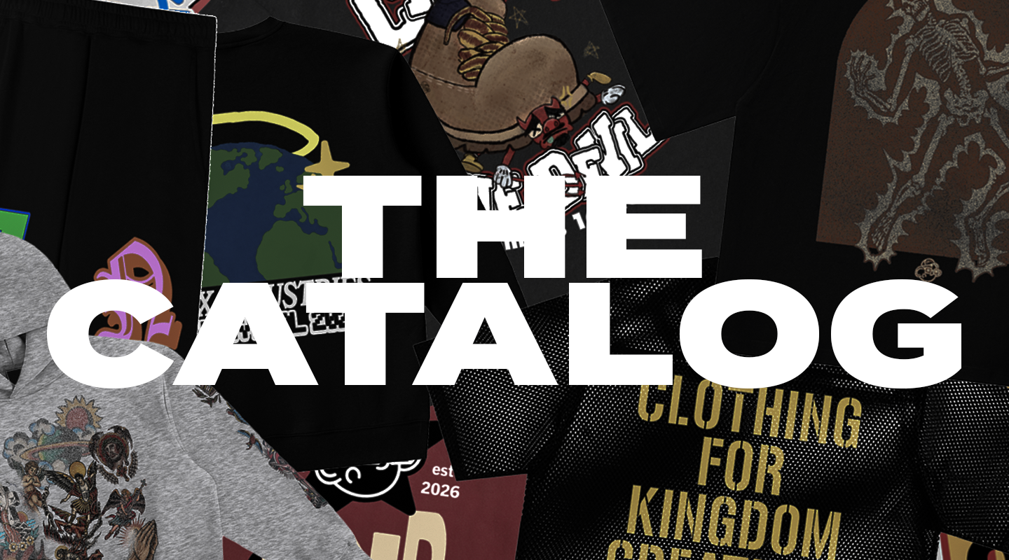 Collage of clothing items and logos, featuring hoodies and t-shirts with graphics and text, overlaid by the text 'THE CATALOG' in large white letters.