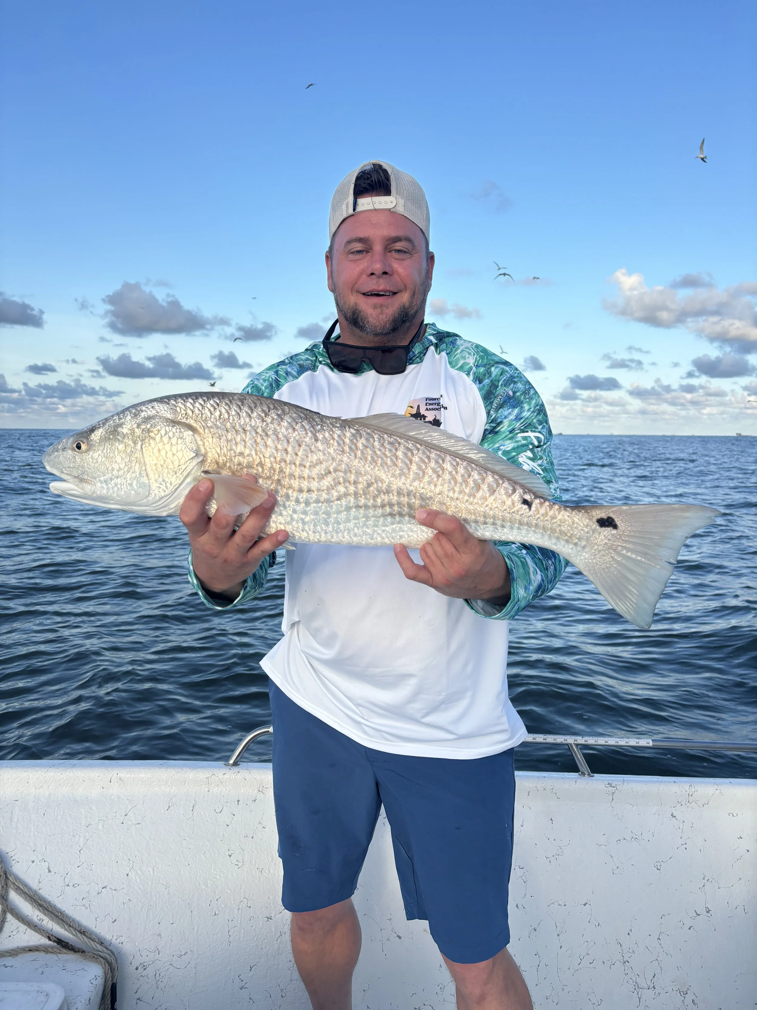 Man holding a large fish on a boat with a body of water and blue sky with clouds and seagulls.