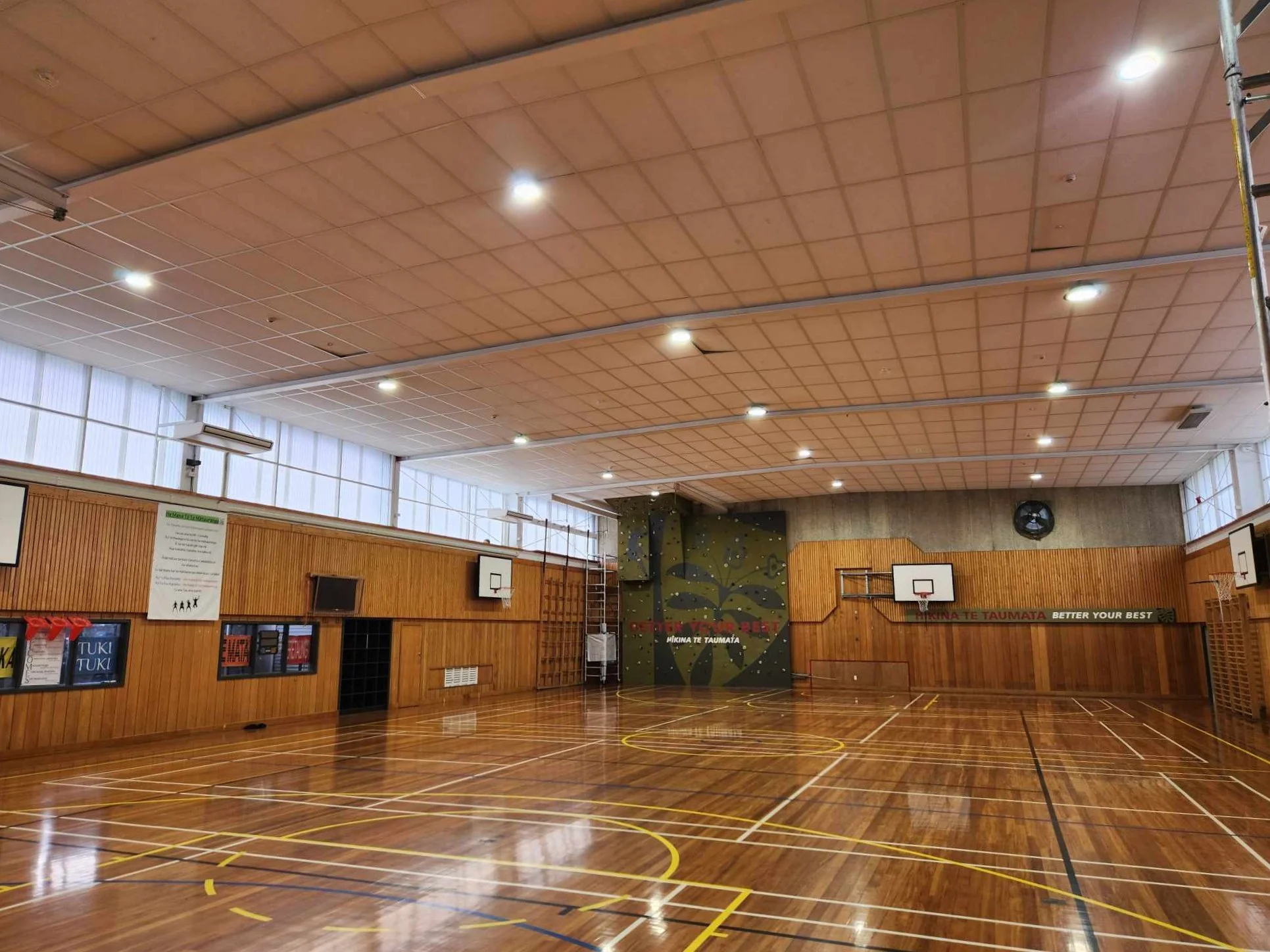 LED downlight installation in school gymnasium ceiling by DB Electrical, electricians in Hawke's Bay