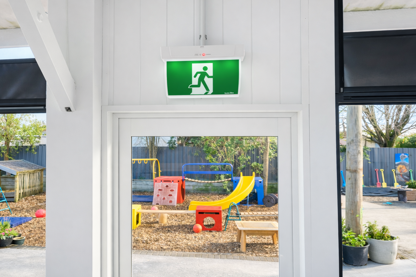 Indoor view of an emergency light above a glass door installed by DB Electrical with a children's playground outside seen through the glass door.
