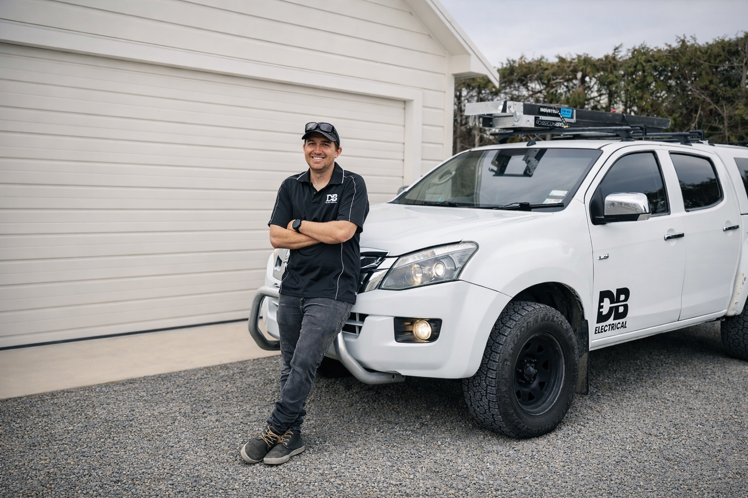 Dylan from DB Electrical smiling in work clothes leaning against a white service vehicle with a ladder on top, parked outside a residential garage.