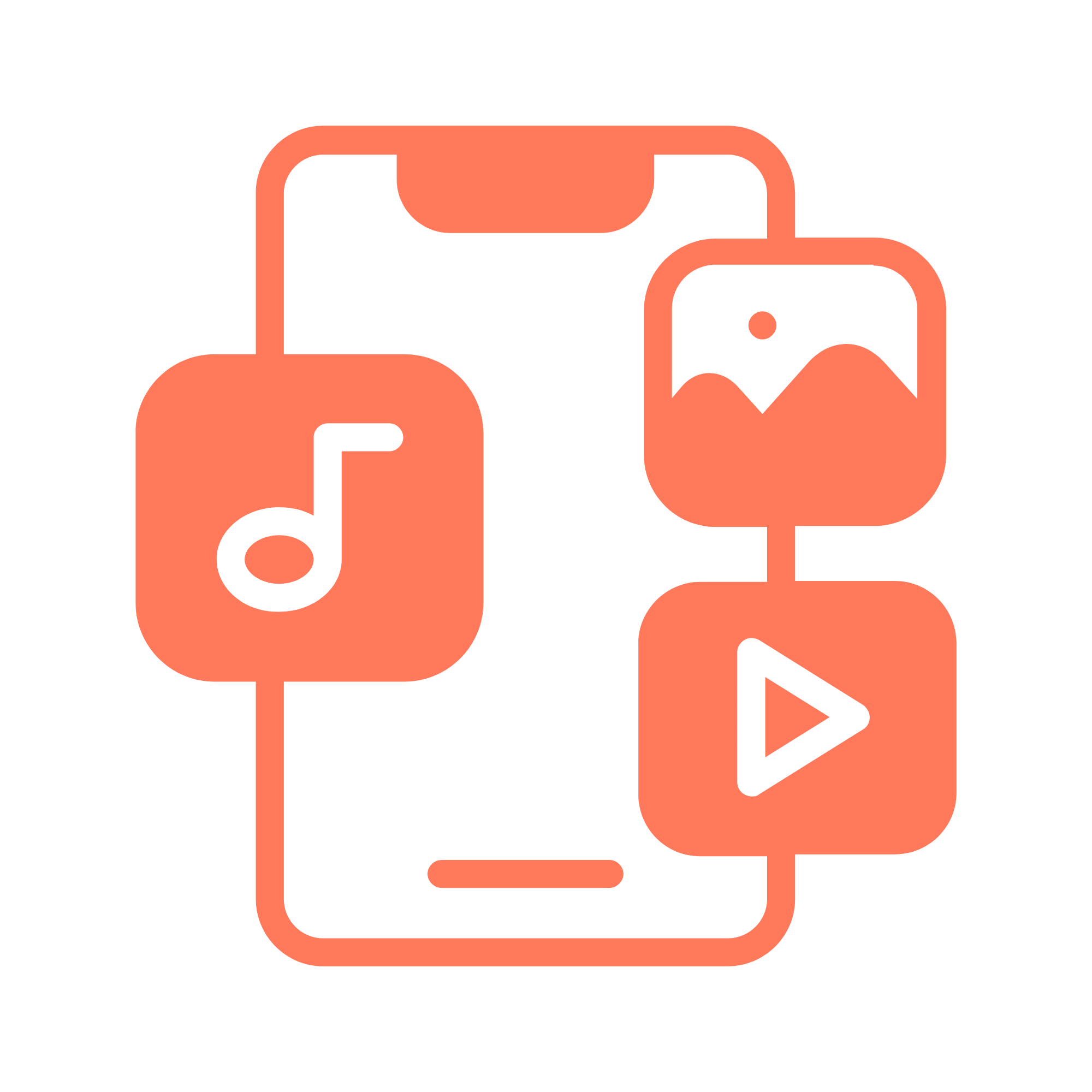 Icons representing music, a photo, a video, and a document, connected by lines to a central file icon.