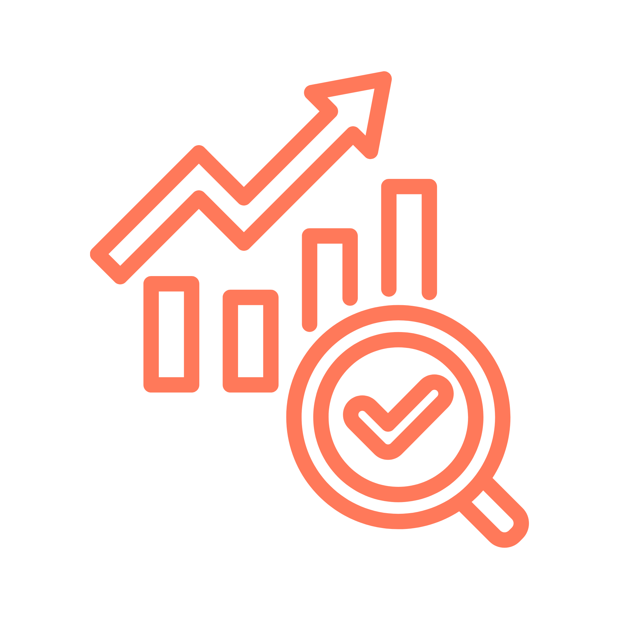 Financial growth and data analysis icons with bar chart, upward arrow, magnifying glass, and checkmark