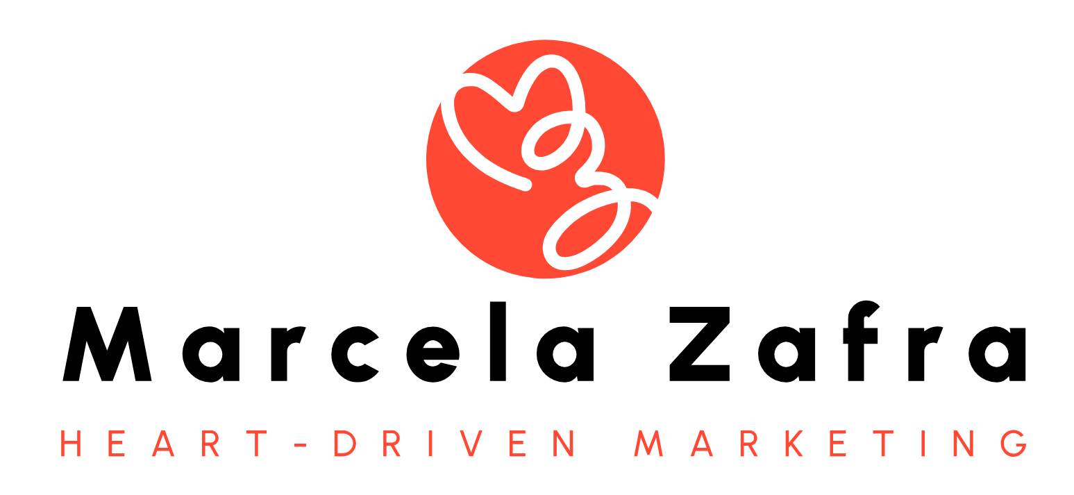 Logo for Heart-Driven Marketing with a black outline of a heart and the letter O inside a red circle, with the company name in black and red text.