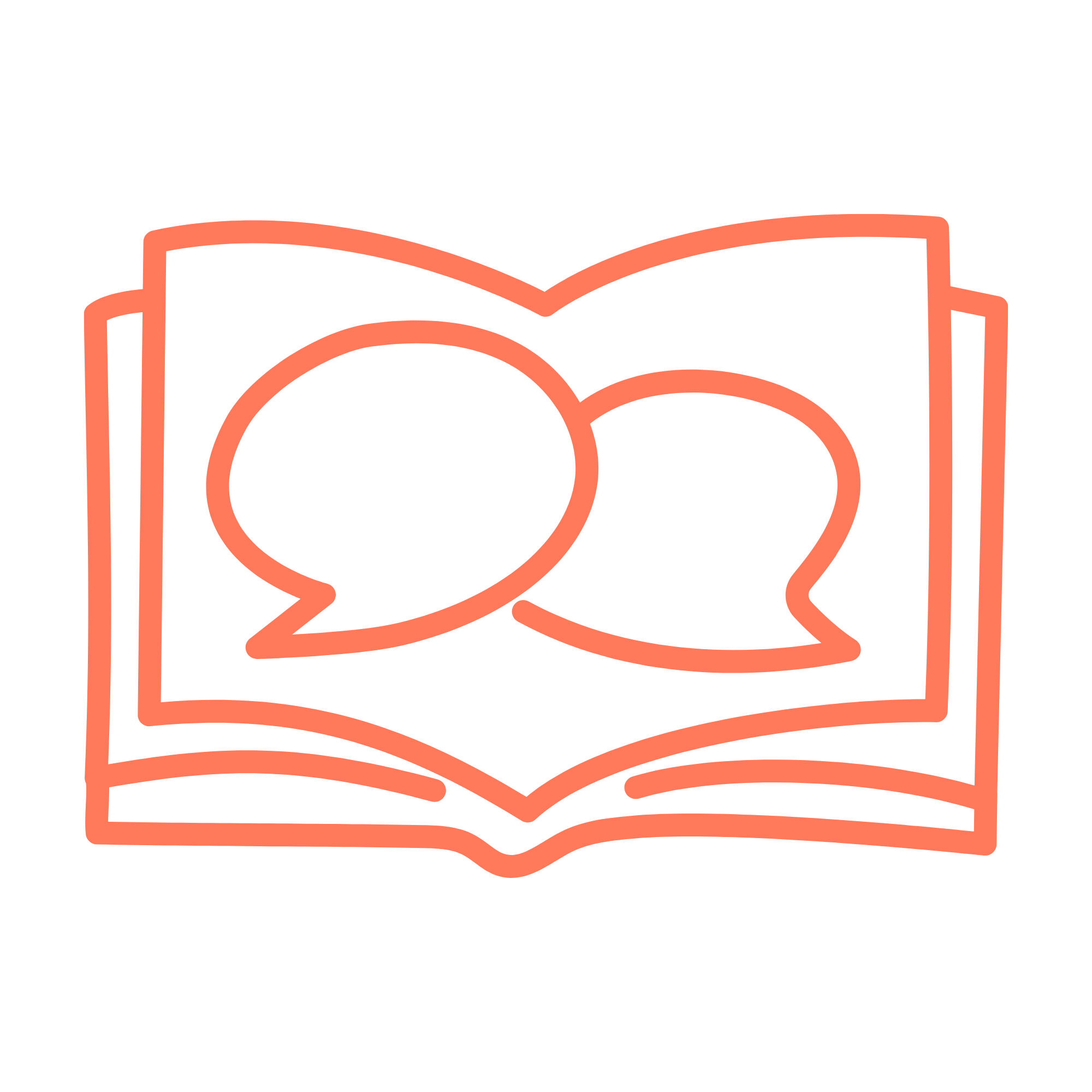 Outline of a camera with speech bubbles on its open book page.