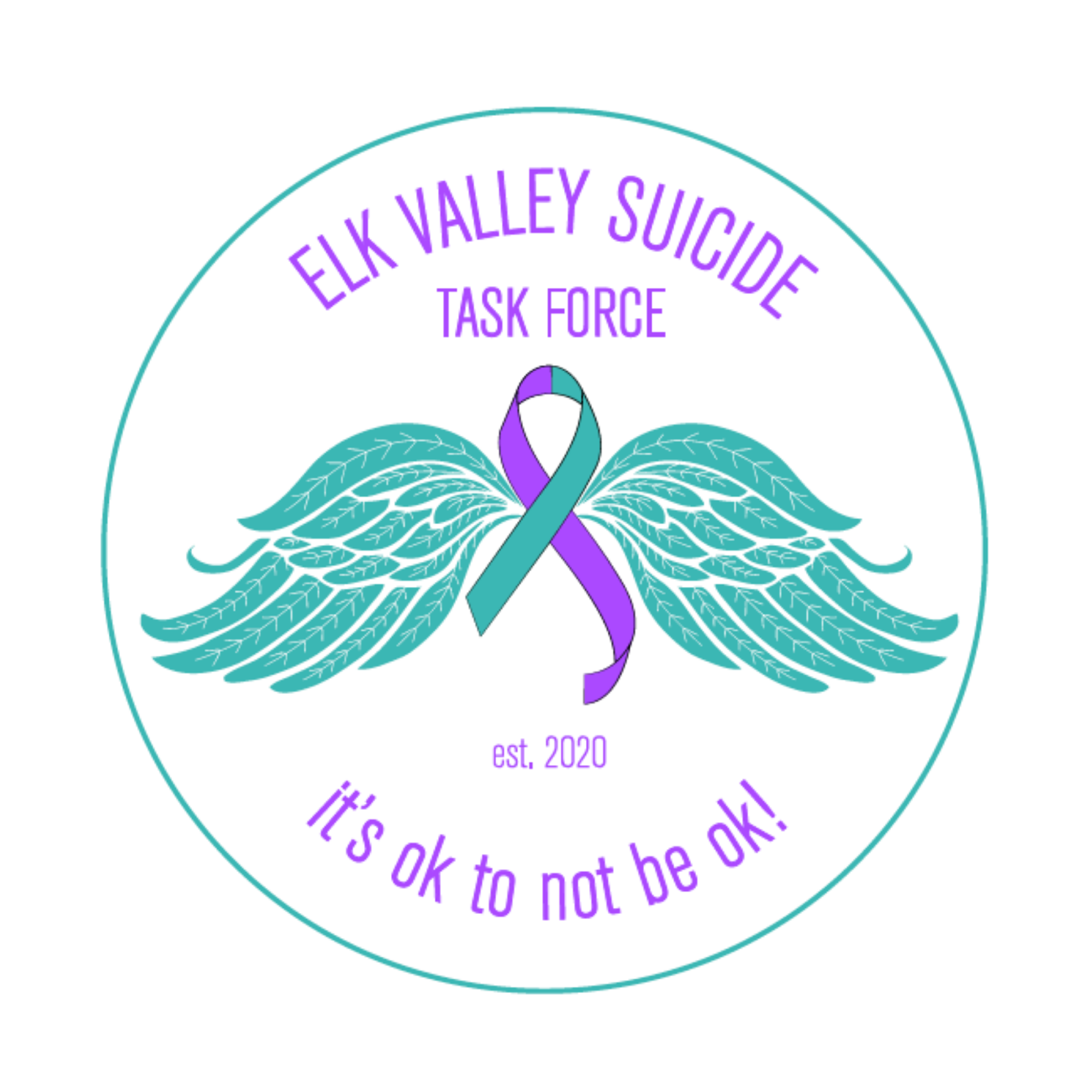 Circular logo with the words 'Elk Valley Suicide Task Force' at the top and the phrase 'it's OK to not be OK!' written in purple text around the circle, featuring teal and purple ribbons and wings
