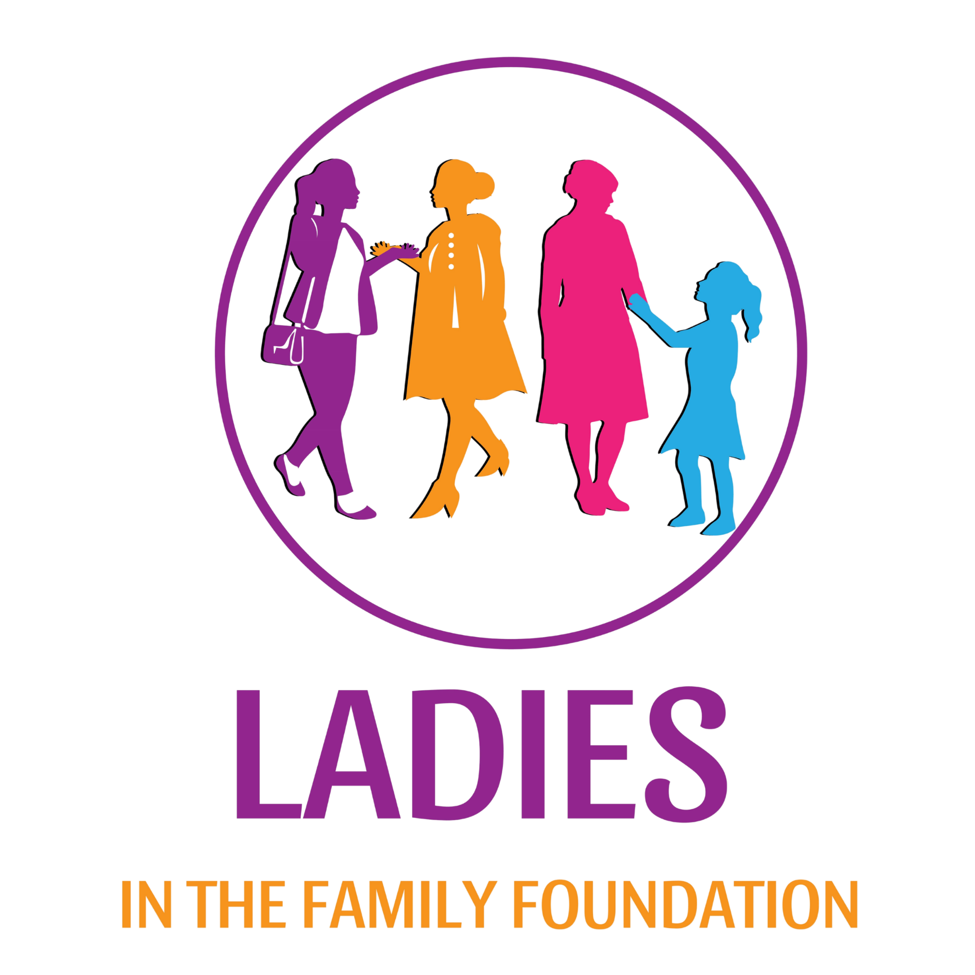 Colorful illustration of four women with different hair styles and colors, talking and holding hands, inside a circular purple border. The text below reads 'In the family foundation'.