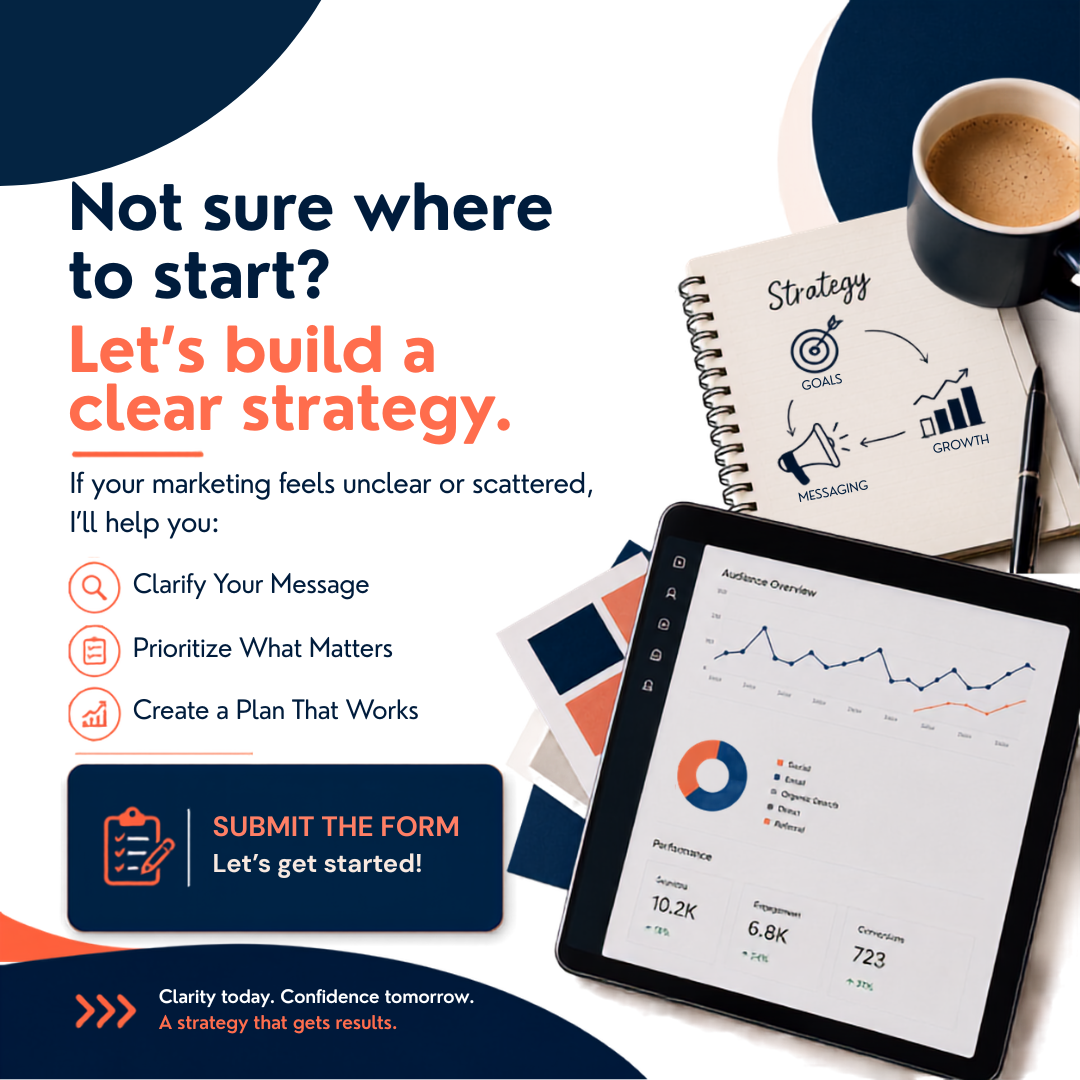 A digital marketing strategy advertisement with a headline, a to-do list, a tablet displaying analytics, a notebook with marketing drawings, and a cup of coffee.