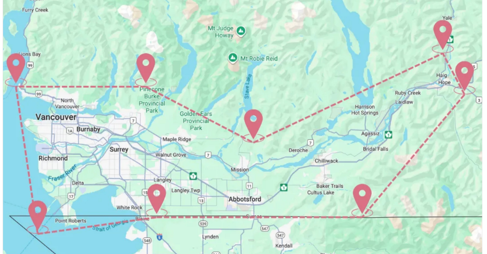 Map showing a Alpenglow Site Services' services area in Vancouver, British Columbia, with five red location markers connected by a dashed red line, near various parks and landmarks.