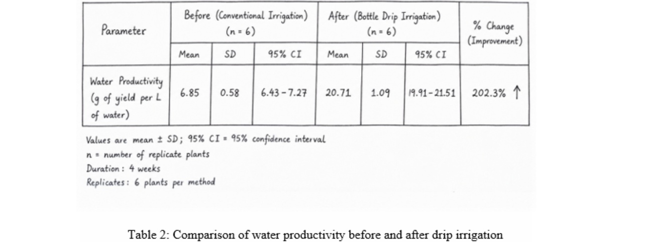 A table showing a comparison of water productivity before and after drip irrigation, with data including mean values, standard deviations, confidence intervals, and percentage change, based on 6 plants over 4 weeks.