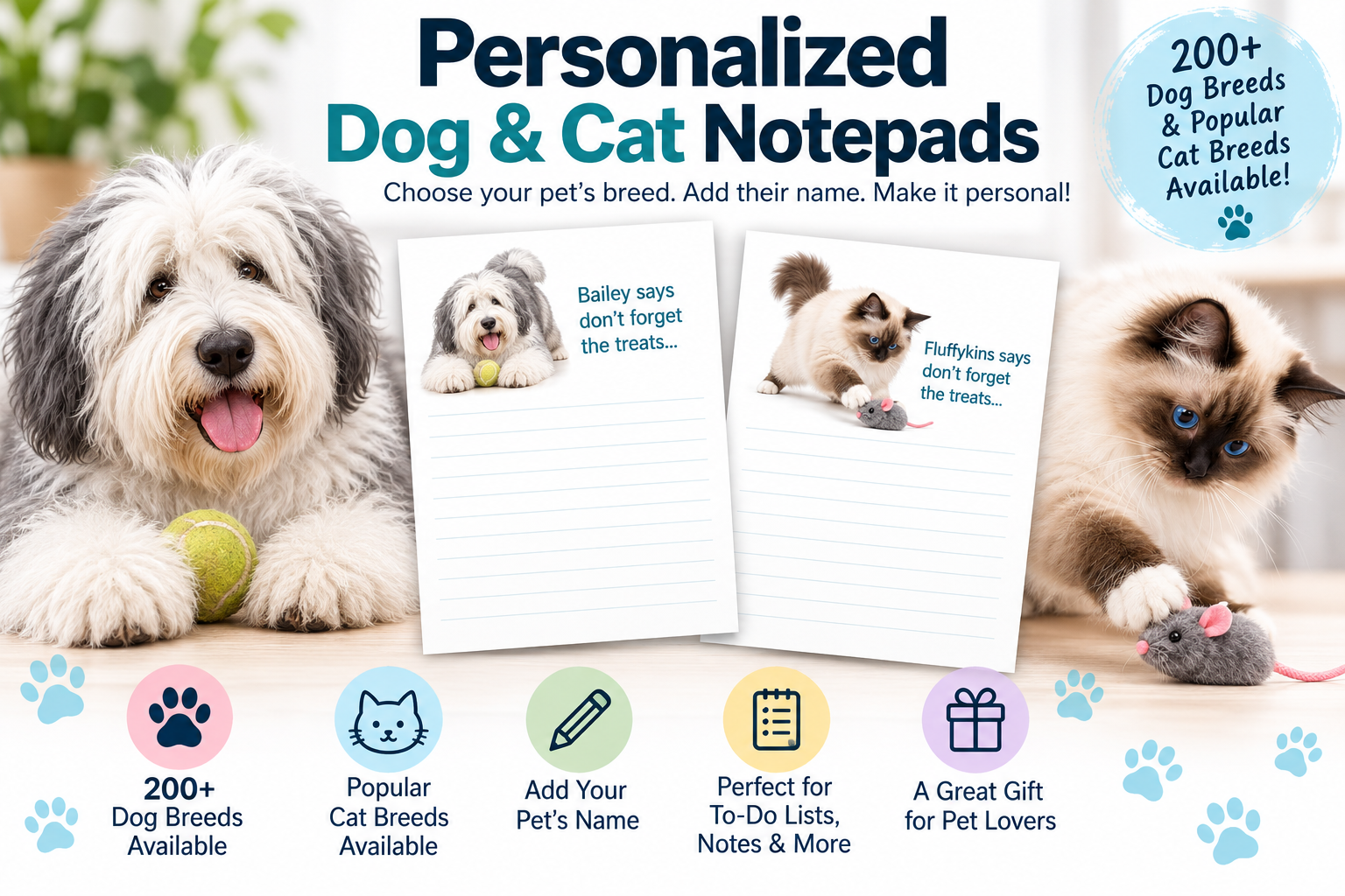 Advertisement for personalized dog and cat notepads featuring images of a dog and a cat with pet toys. Text highlights 200+ dog and cat breeds, adding your pet's name, to-do lists, notes, and gift ideas for pet lovers.