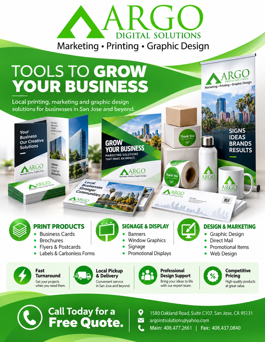 A marketing and printing company advertisement featuring various print products, signage, and marketing services, with a green and white color scheme and images of cityscapes, branded merchandise, and promotional materials.