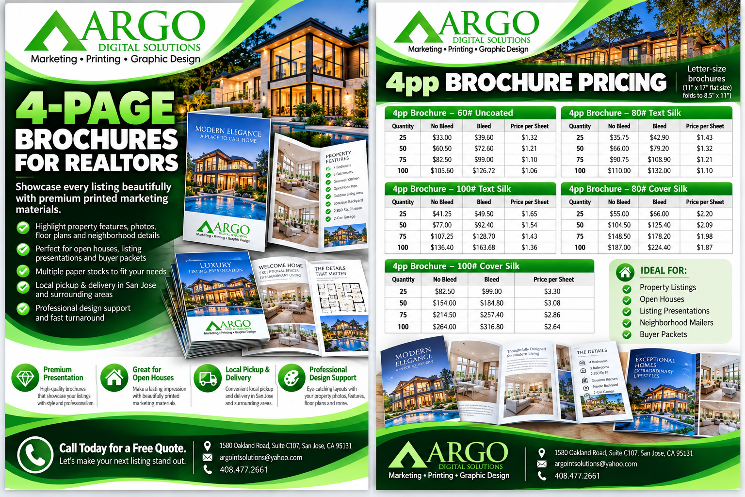 Two-page brochure promoting 4-page real estate property listing brochures by Argo Digital Solutions. Left page highlights features, advantages, and contact details. Right page displays pricing options for various brochure types with details on quantity, bleed, and price per sheet. Both pages feature images of modern homes, brochures, and marketing icons.