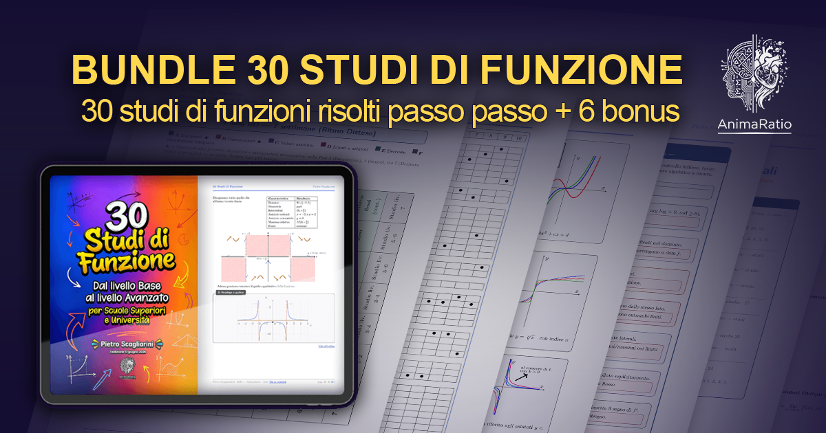 Copertina di un bundle di 30 studi di funzioni, con diagrammi e grafici, promosso come risorsa per studenti e universitari, con il titolo in evidenza e logo di AnimaRatio.
