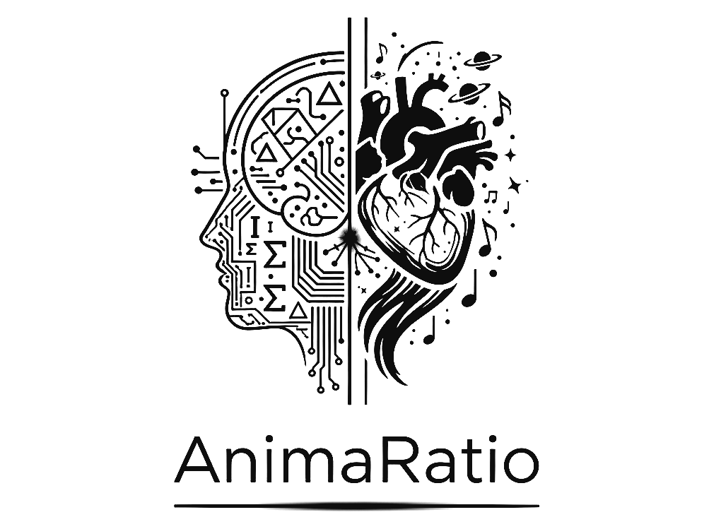 Logo con silhouette di testa umana combinata con forme di cuore e circuiti, testo 'AimaRatio'