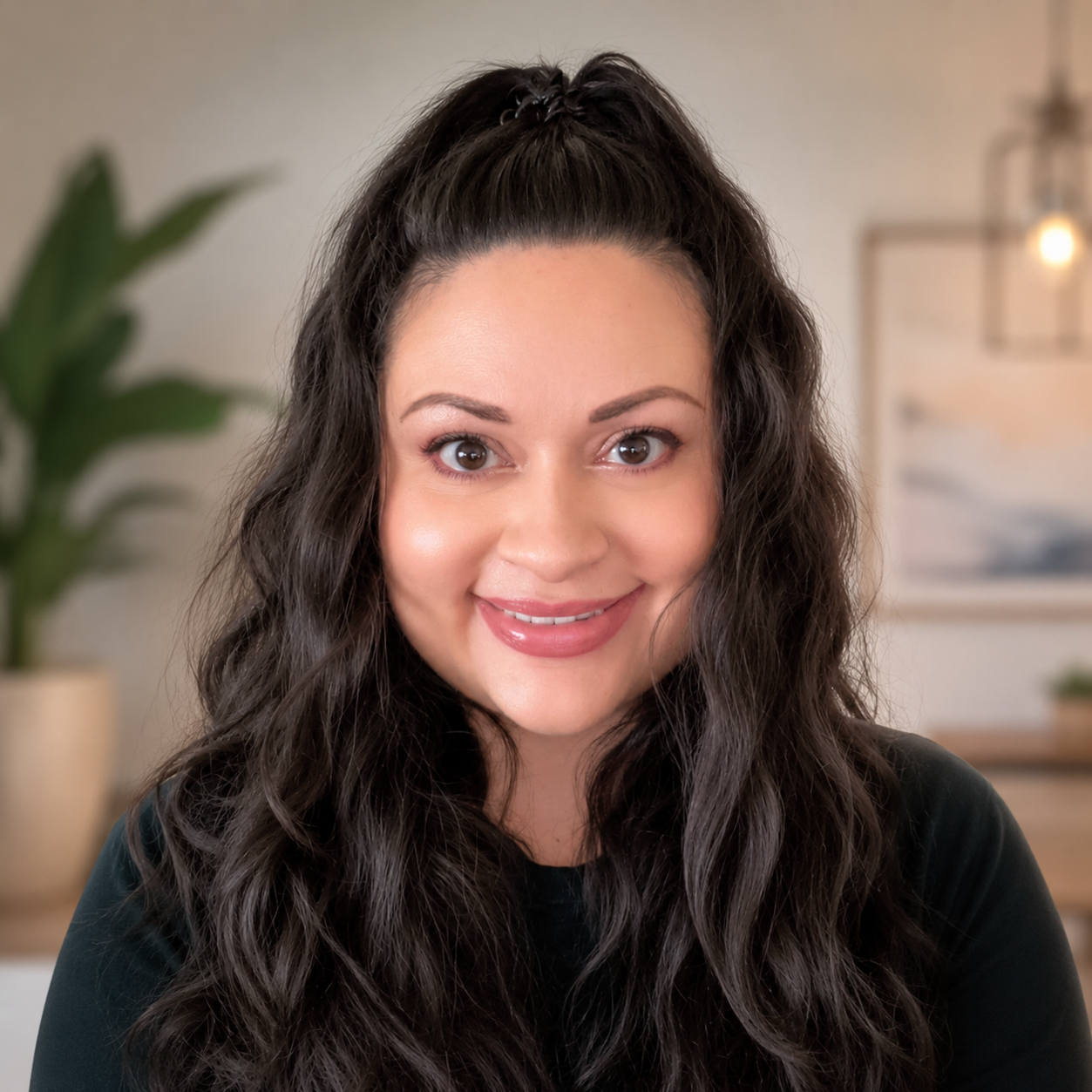 A woman with long, dark, curly hair smiling at the camera in a cozy indoor setting with a potted plant and framed artwork in the background.