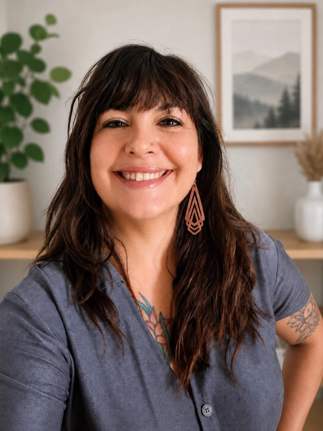 A woman with long, wavy brown hair and a tattoo on her chest, smiling while wearing a gray shirt and large geometric earrings, standing in a room with a plant and framed art on the wall.