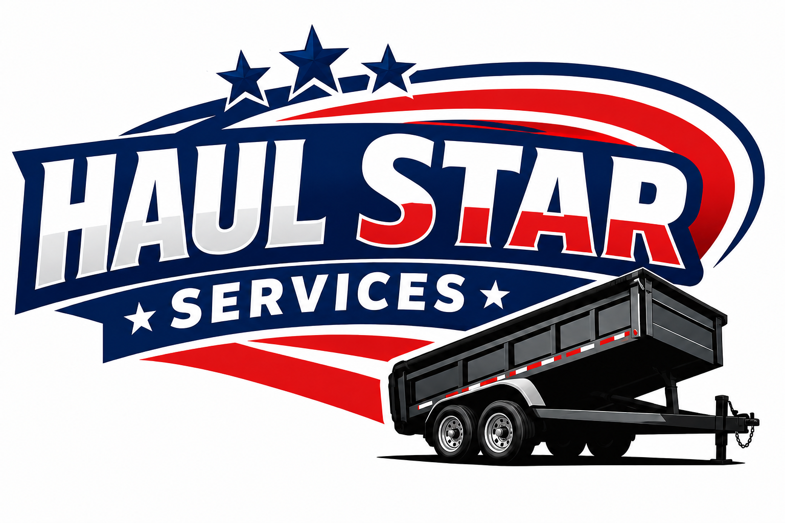 Logo for Haul Star Services featuring patriotic colors, stars, and a black flatbed trailer at the bottom.