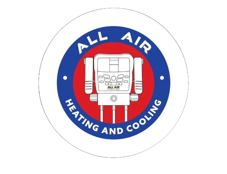 Logo of All Air Heating and Cooling with a central illustration of an HVAC unit surrounded by a blue and red circle, with the text 'All Air Heating and Cooling'.