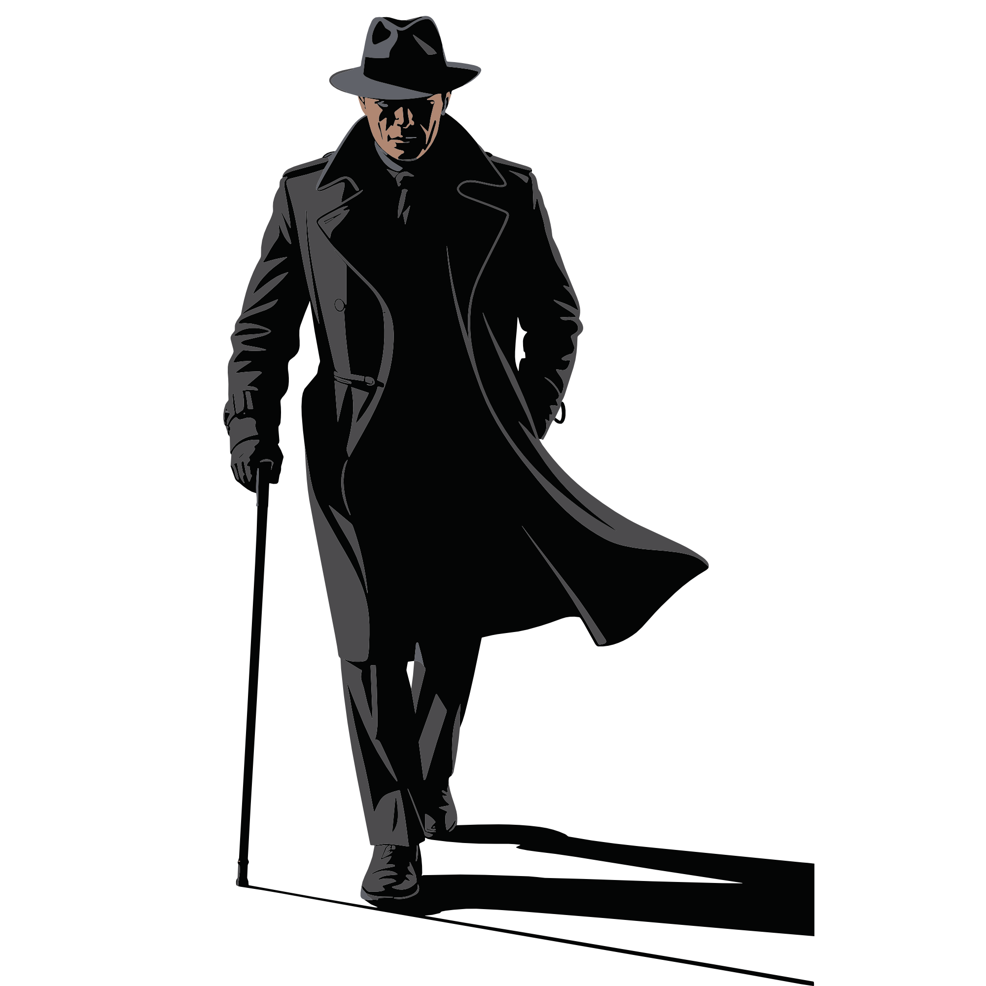 A stylized illustration of a man walking with a fedora, trench coat, and walking cane against a dark background.
