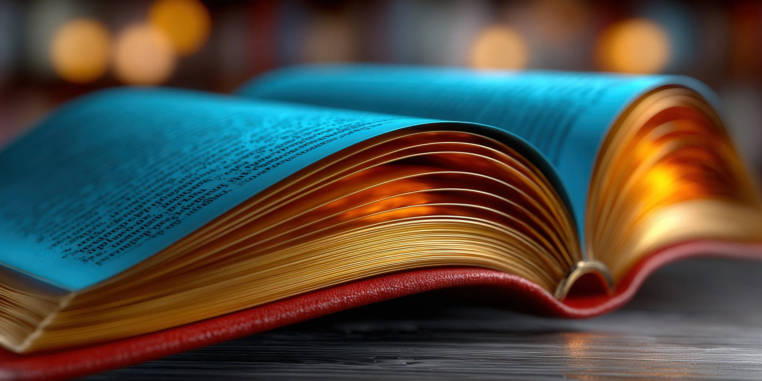 Open book with colorful pages, lying on a surface, illuminated with warm light