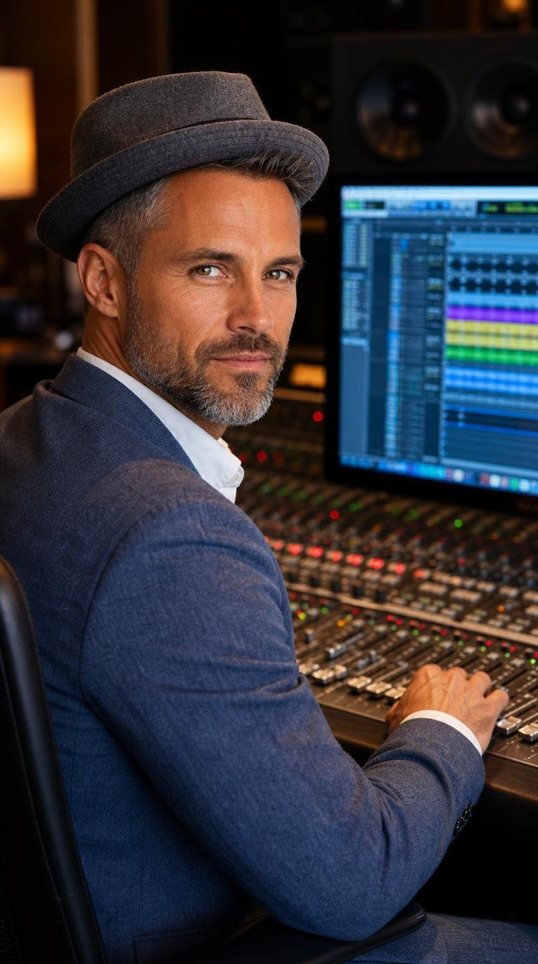 A man with gray hair and a beard wearing a gray fedora and a gray suit, looking at the camera while working at a music mixing console with a computer screen displaying audio editing software in the background.