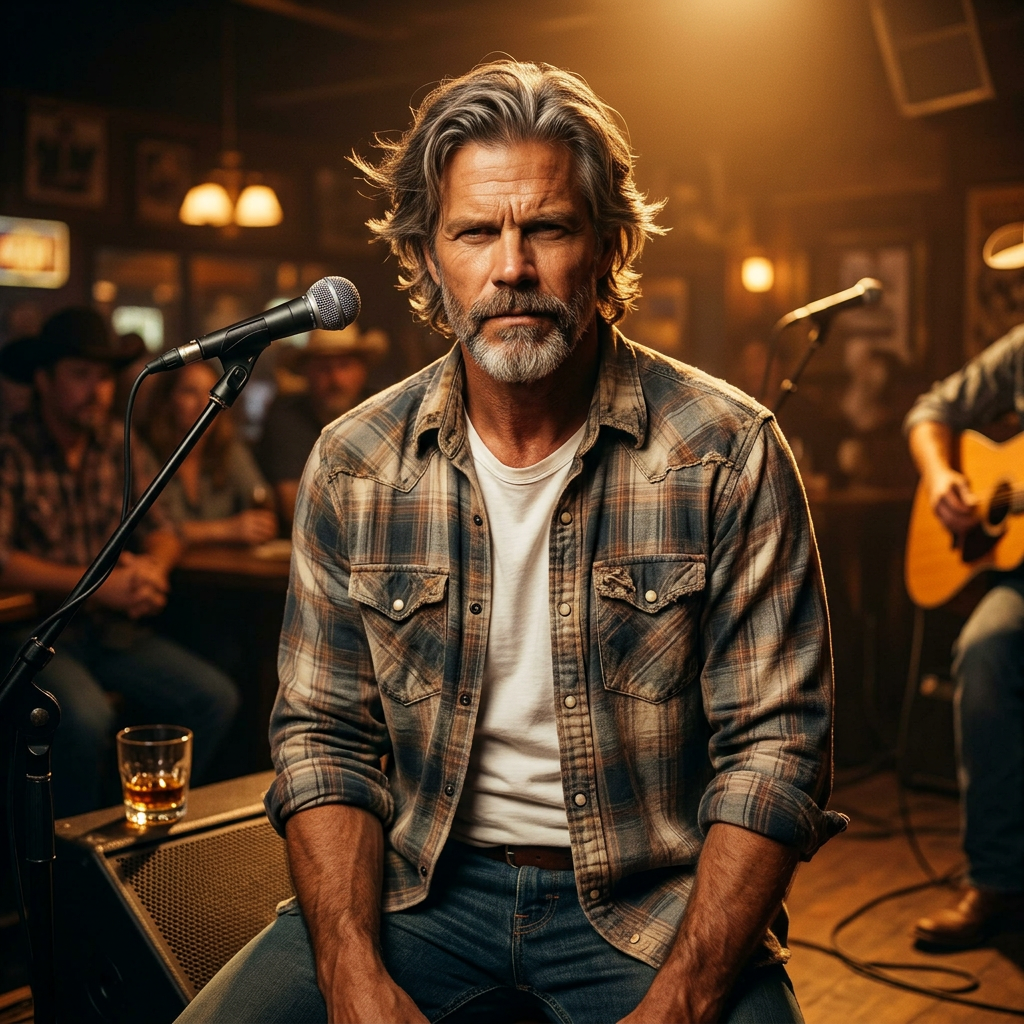 A mature man with long gray hair and a beard, wearing a plaid shirt and white T-shirt, sitting in a dimly lit bar or music venue, with a microphone in front of him, looking directly at the camera.