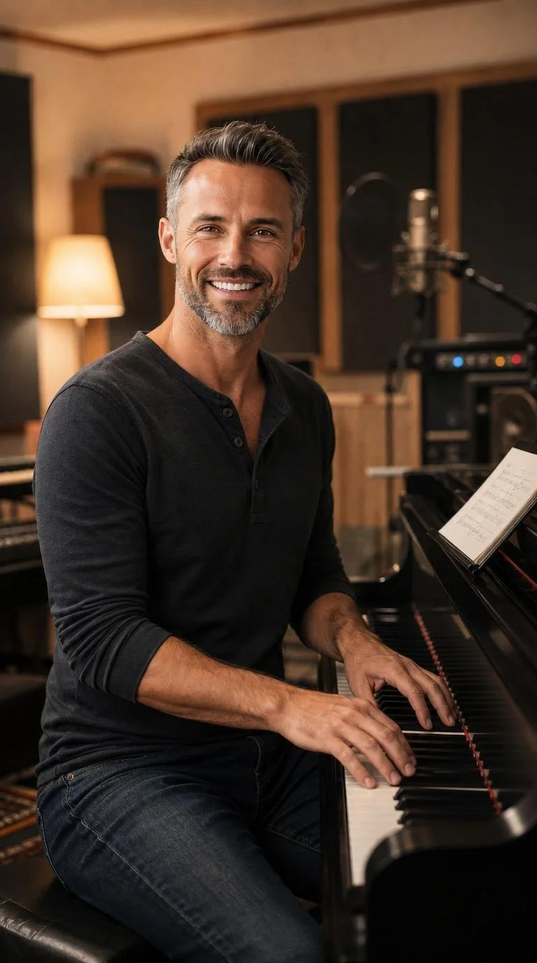 A smiling man with gray hair and beard playing a grand piano in a music studio.