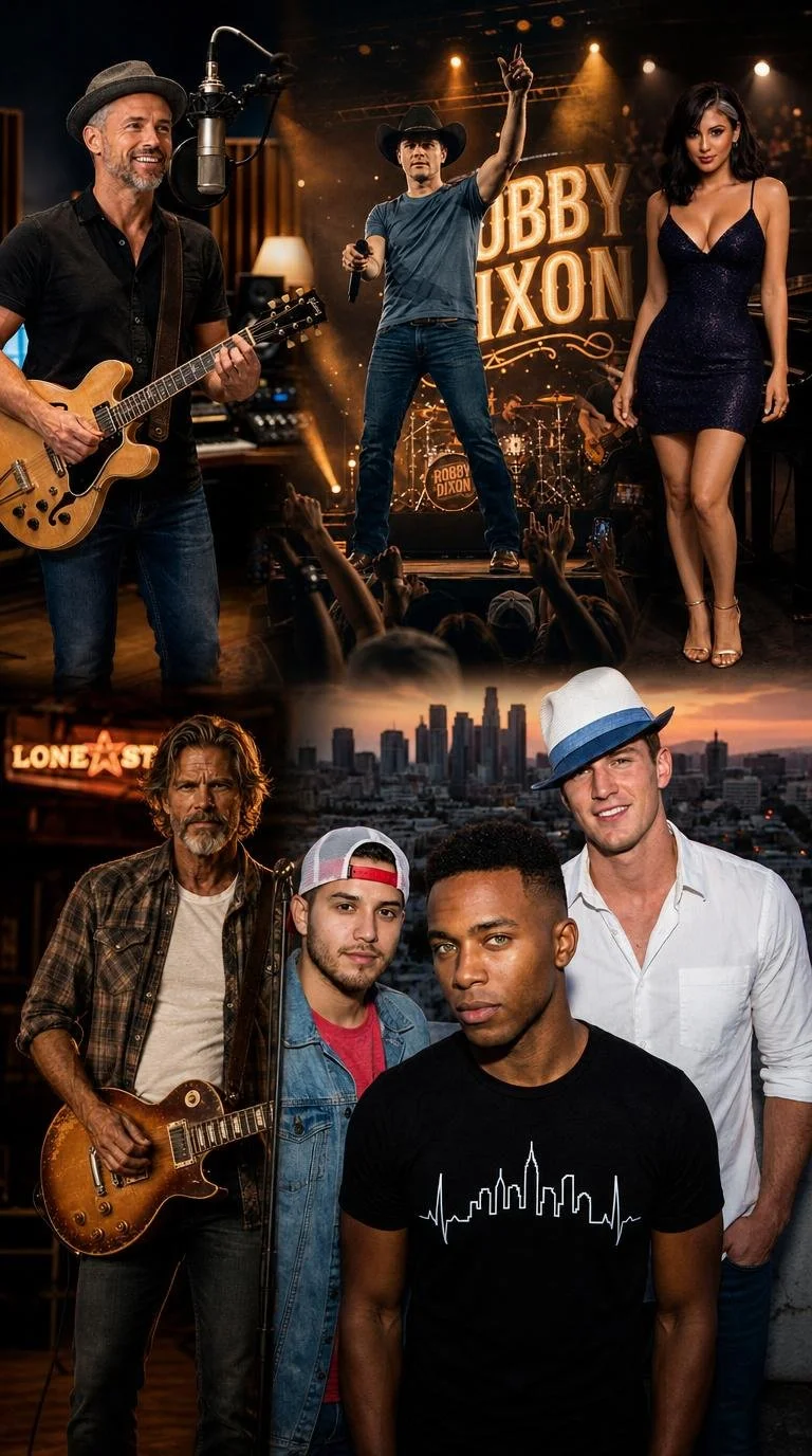 Split image showing a music stage performance with singer and musicians in the top half, and a group of four men with city skyline background in the bottom half.