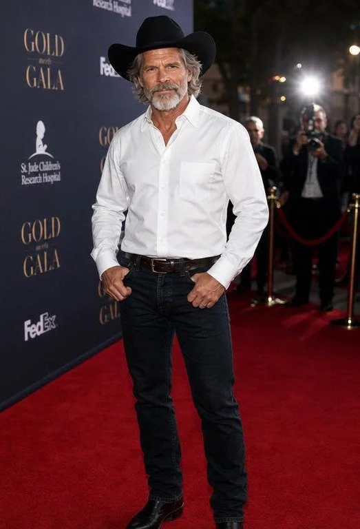 Man with gray hair and beard wearing a black cowboy hat, white button-up shirt, and jeans, standing on a red carpet at an event with a backdrop and photographers in the background.