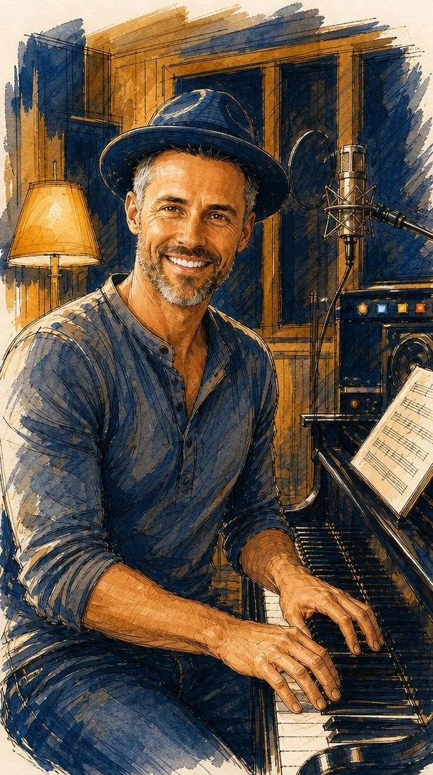 Micah Simms virtual artist, warm ink illustration, singer-songwriter seated at grand piano recording music