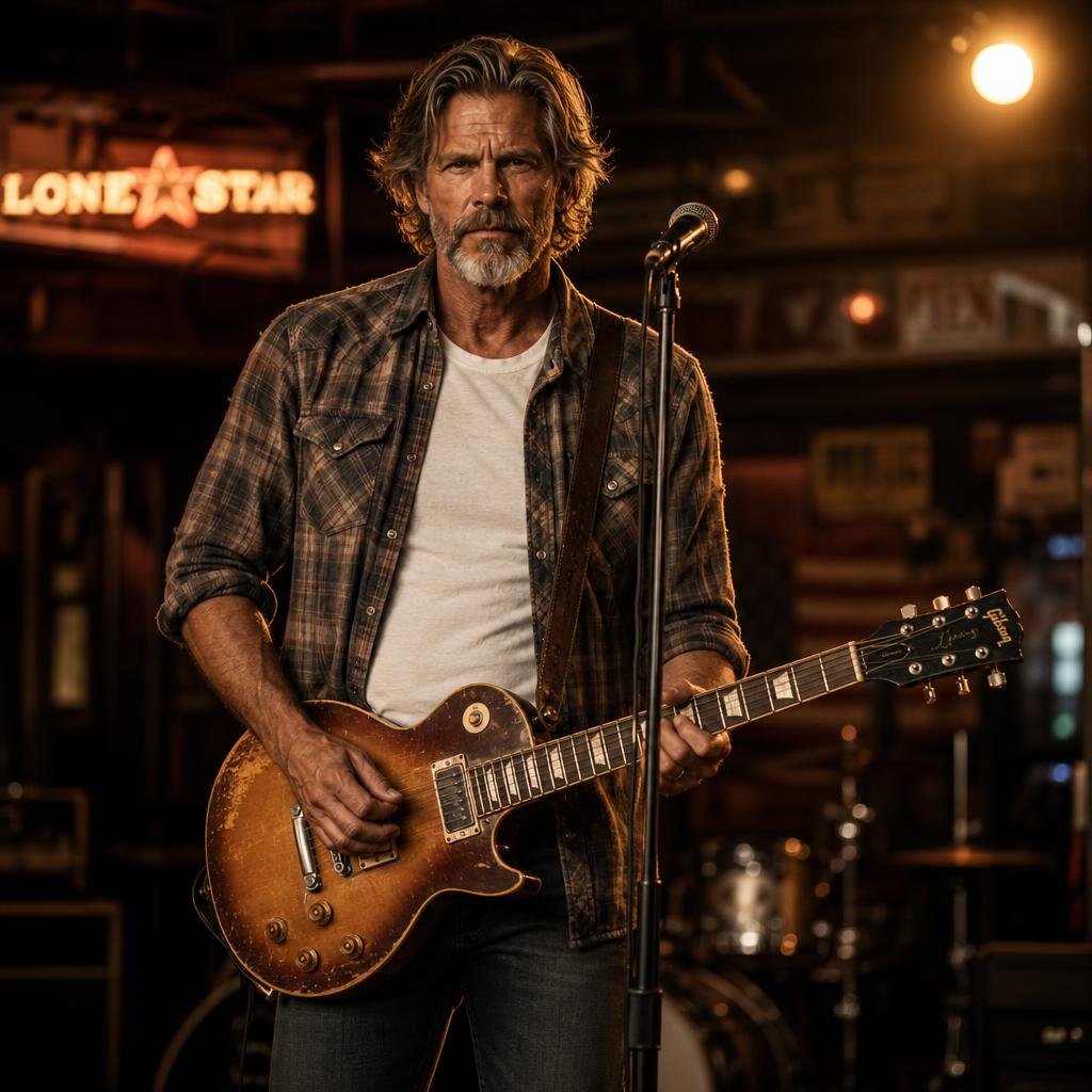 A man with long hair and a beard wearing a plaid shirt and white T-shirt, playing a worn electric guitar on stage in a dimly lit venue with a "Lone Star" sign in the background.