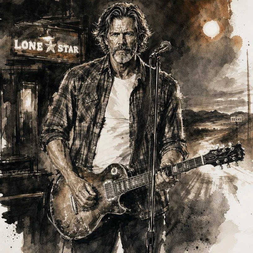 Raylan Wyatt, virtual artist, Japanese ink wash illustration of a rugged male country singer, artistic impression
