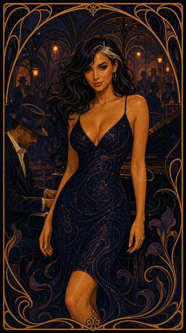 Sonja Simms, virtual artist, art nouveau illustration, on stage in jazz club prepared to perform, artistic rendering