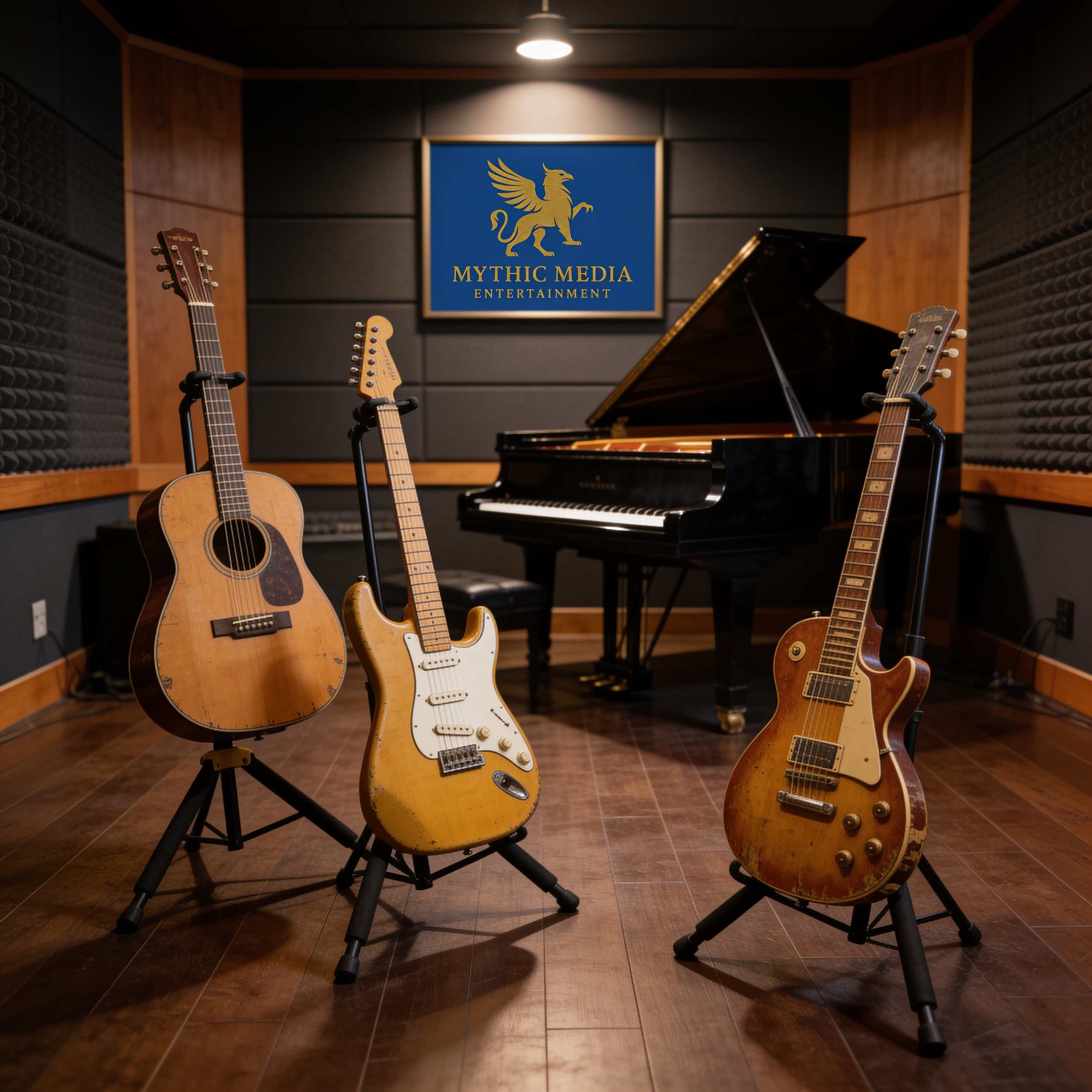 Music studio with three guitars on stands and a grand piano, with a sign reading 'Mythic Media Entertainment' depicting a griffin, in a room with soundproofed walls.