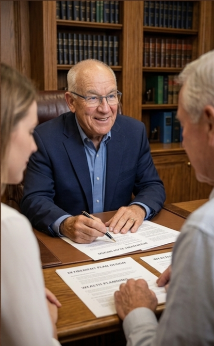 Jerry Blakely discussing fiduciary matters with clients in a private office.