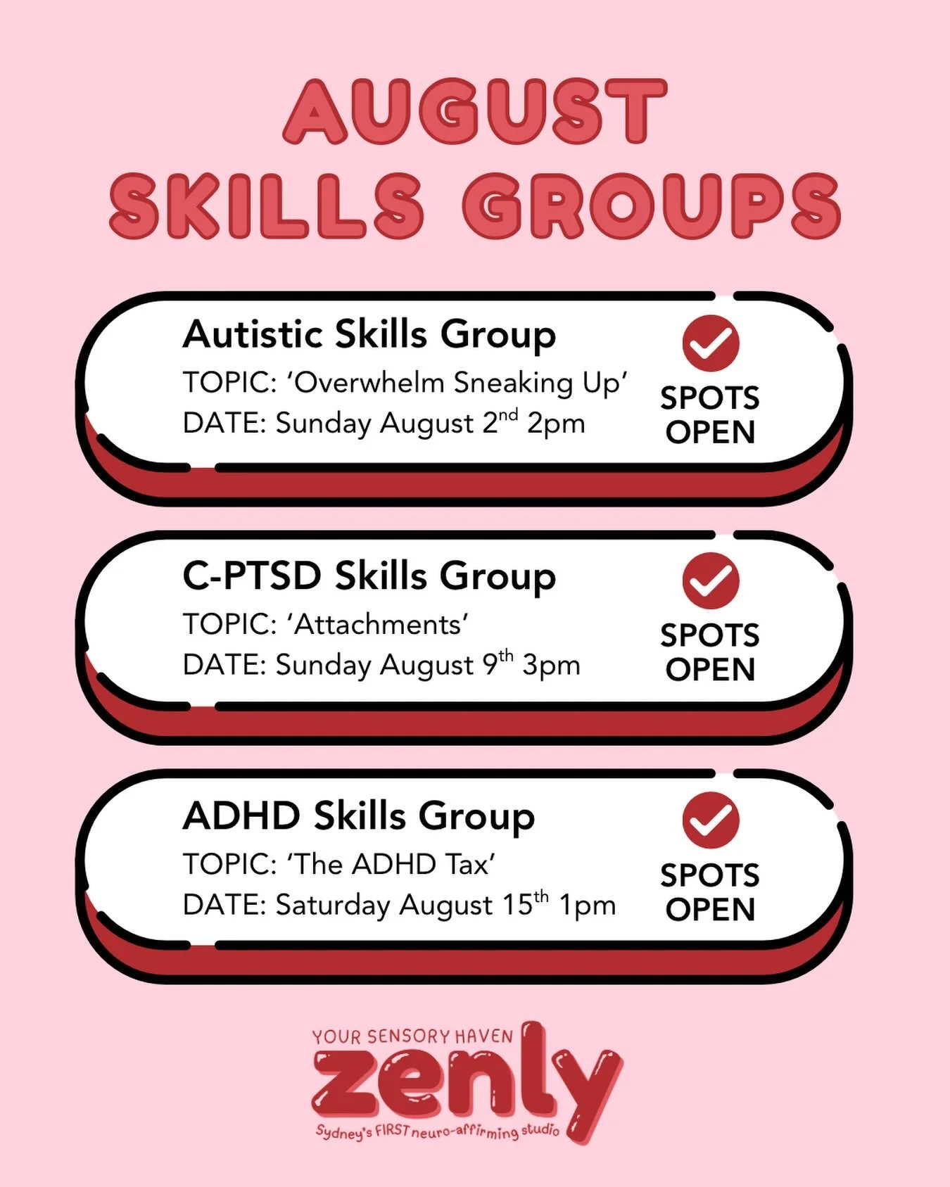 August is looking EDUCATIONAL 👏 

Remember you can join online if you need to on the day 🫡 

#adhd #autism #cptsd