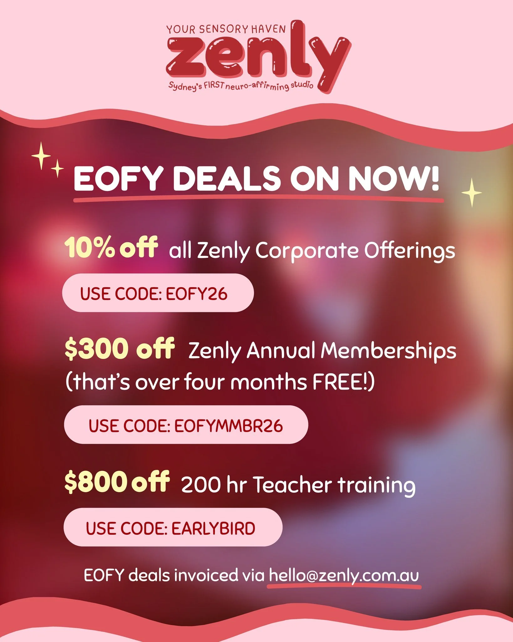 Zenly EOFY deals are on NOW!

Enjoy 10% off all Zenly Corporate Offerings (for businesses), $300 off Zenly Annual Memberships (that&rsquo;s over 4 months FREE), or $800 off our brand new 200 hour Teacher Training, beginning in January 2027.

Reach ou