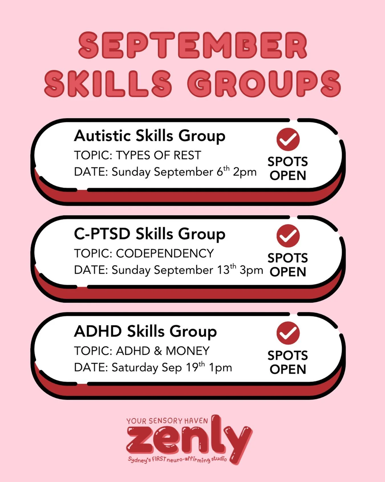 Another month of intentionally focusing on skills that support our beautiful brains and bodies!

Bookings via Zenly.au

#neuroaffirming #autism #adhd #cptsd #skillsgroup