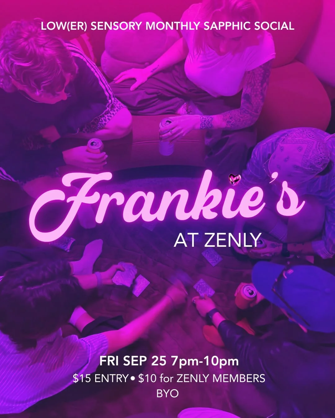 Social season is gonna look different this year&hellip;

Frankie&rsquo;s is all about hanging with your sapphic &amp; ally friends in the most lush third space, the Pink Room at Zenly.

Kick off your shoes and get comfy with us from 7pm-10pm on Frida