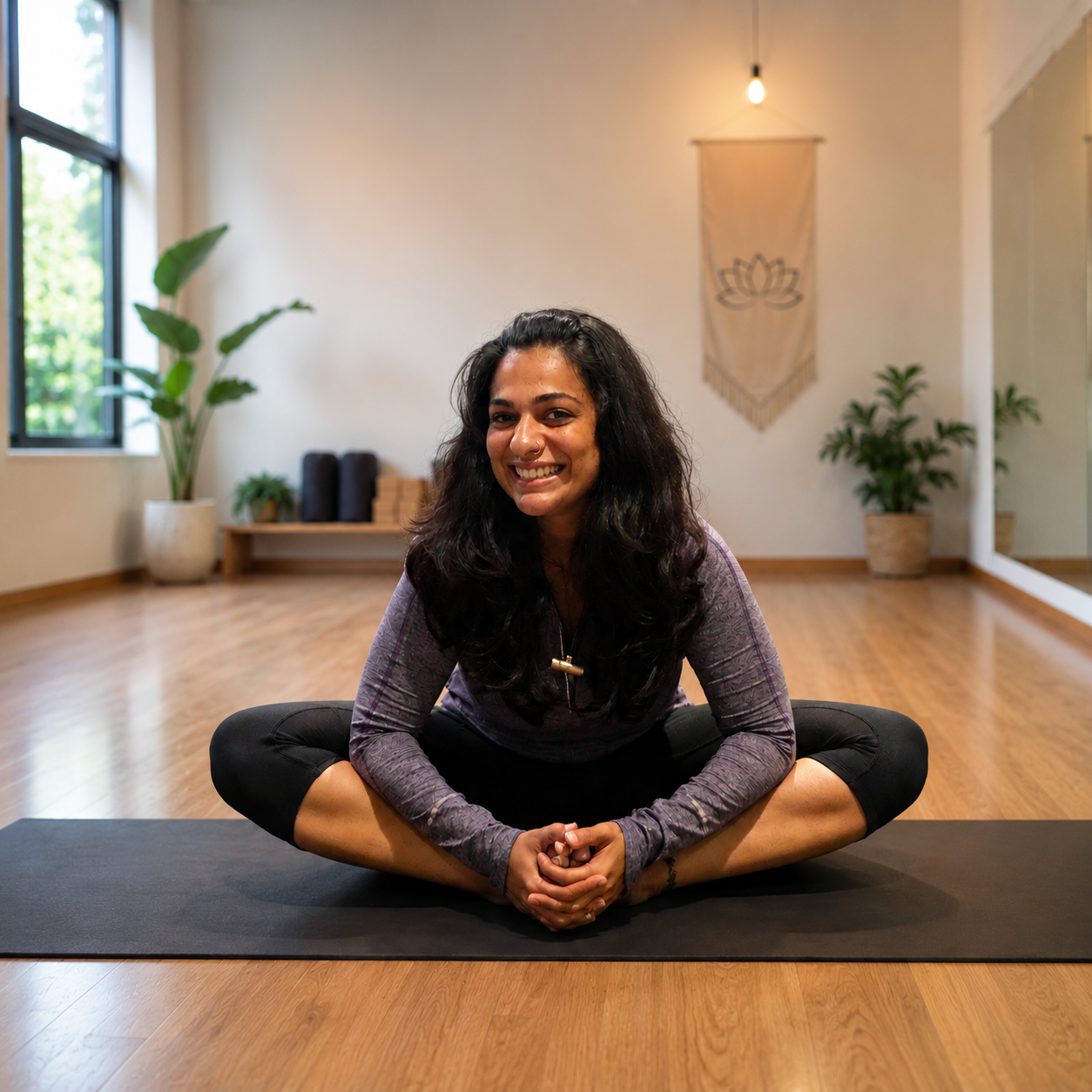 Woman sitting on yoga mat in a yoga studio, smiling, with plants and a mirror in the background.