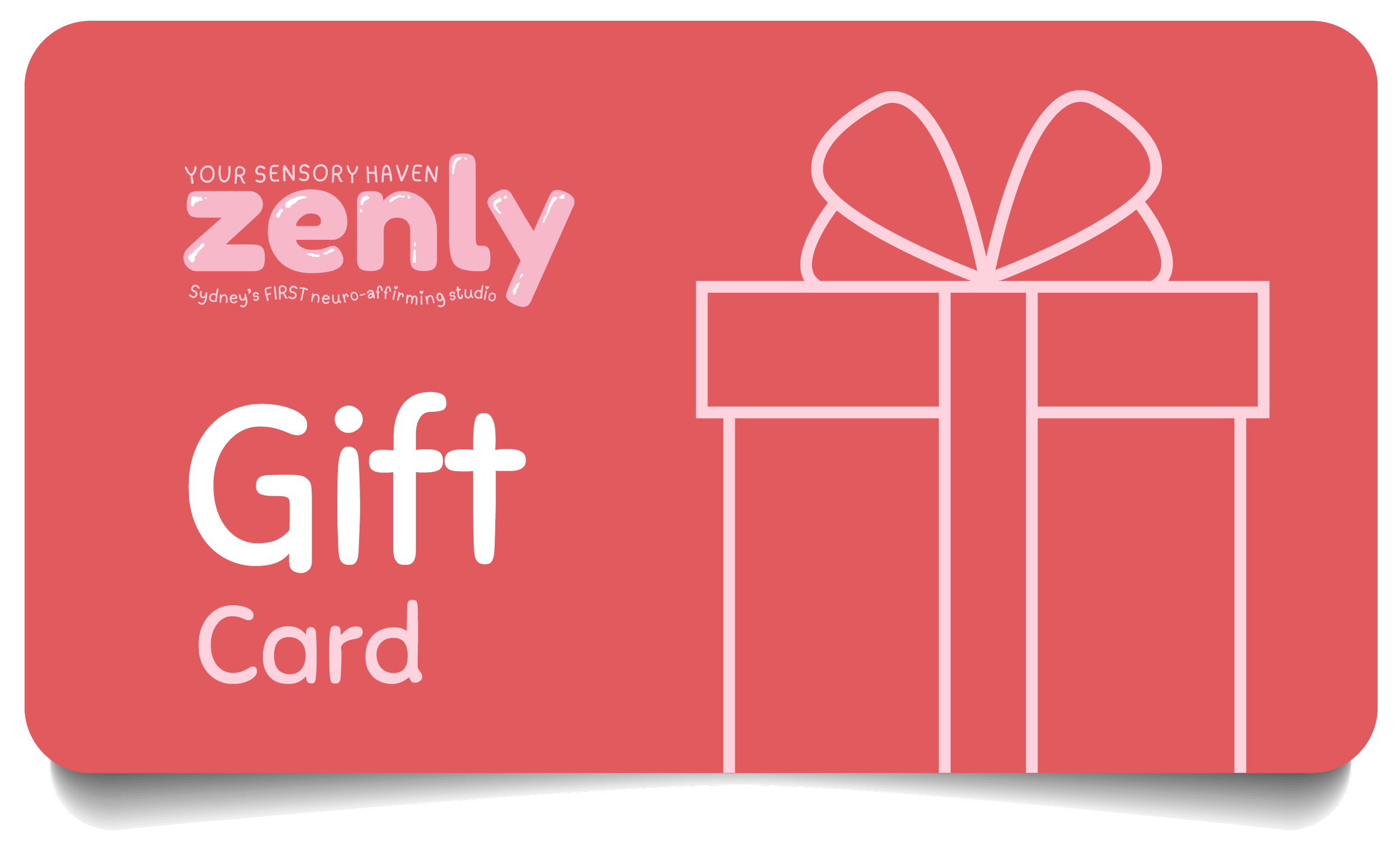 Pink background with white outline of a gift box with a bow and the text 'Your sensory haven zenly gift card' in white and pink lettering.