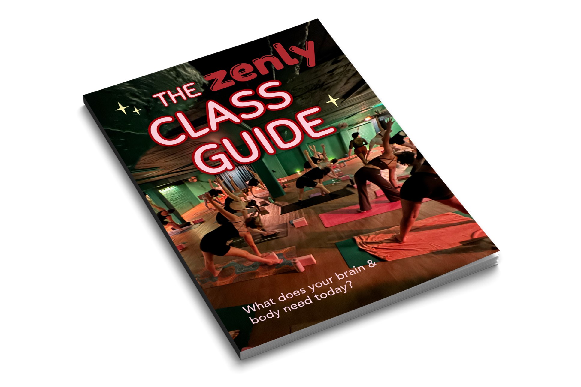 Cover of a guide titled "The Zenly Class Guide" featuring people practicing yoga in a studio with a mural of a landscape on the ceiling and green walls.