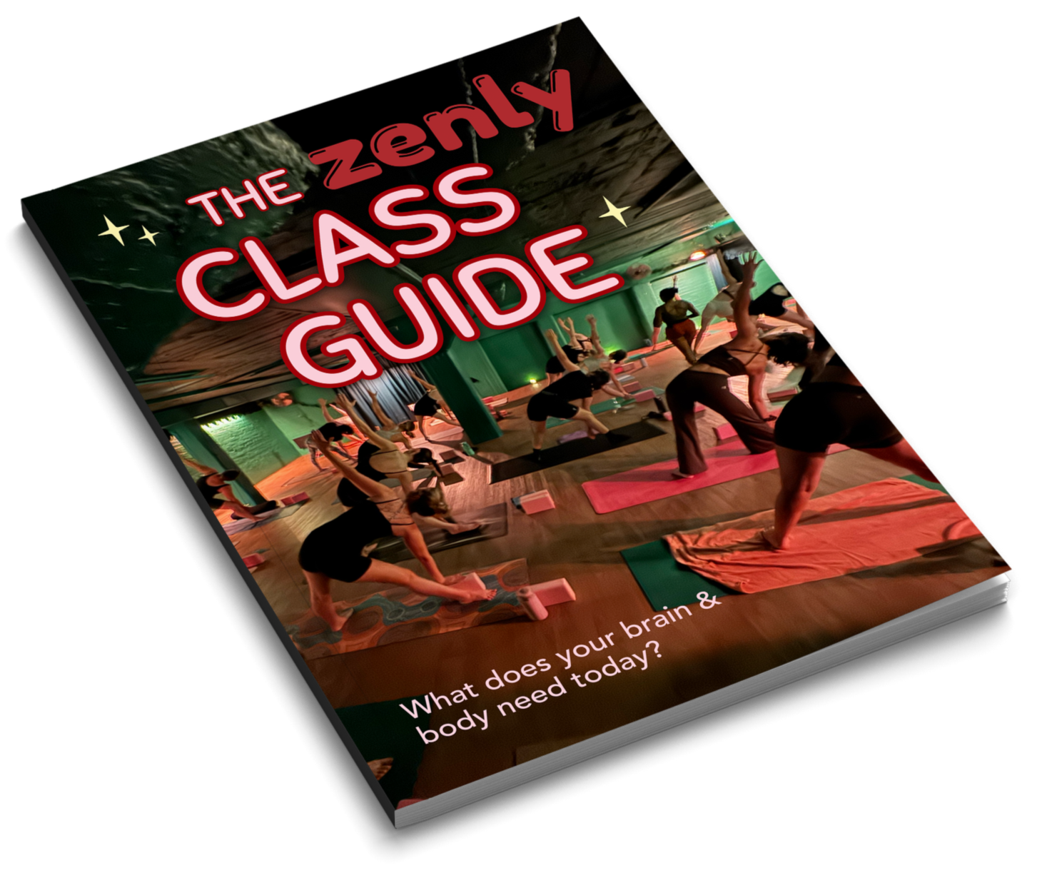Book cover titled "The Zenly Class Guide" showing a yoga class with people practicing yoga poses in a studio with colorful lighting.