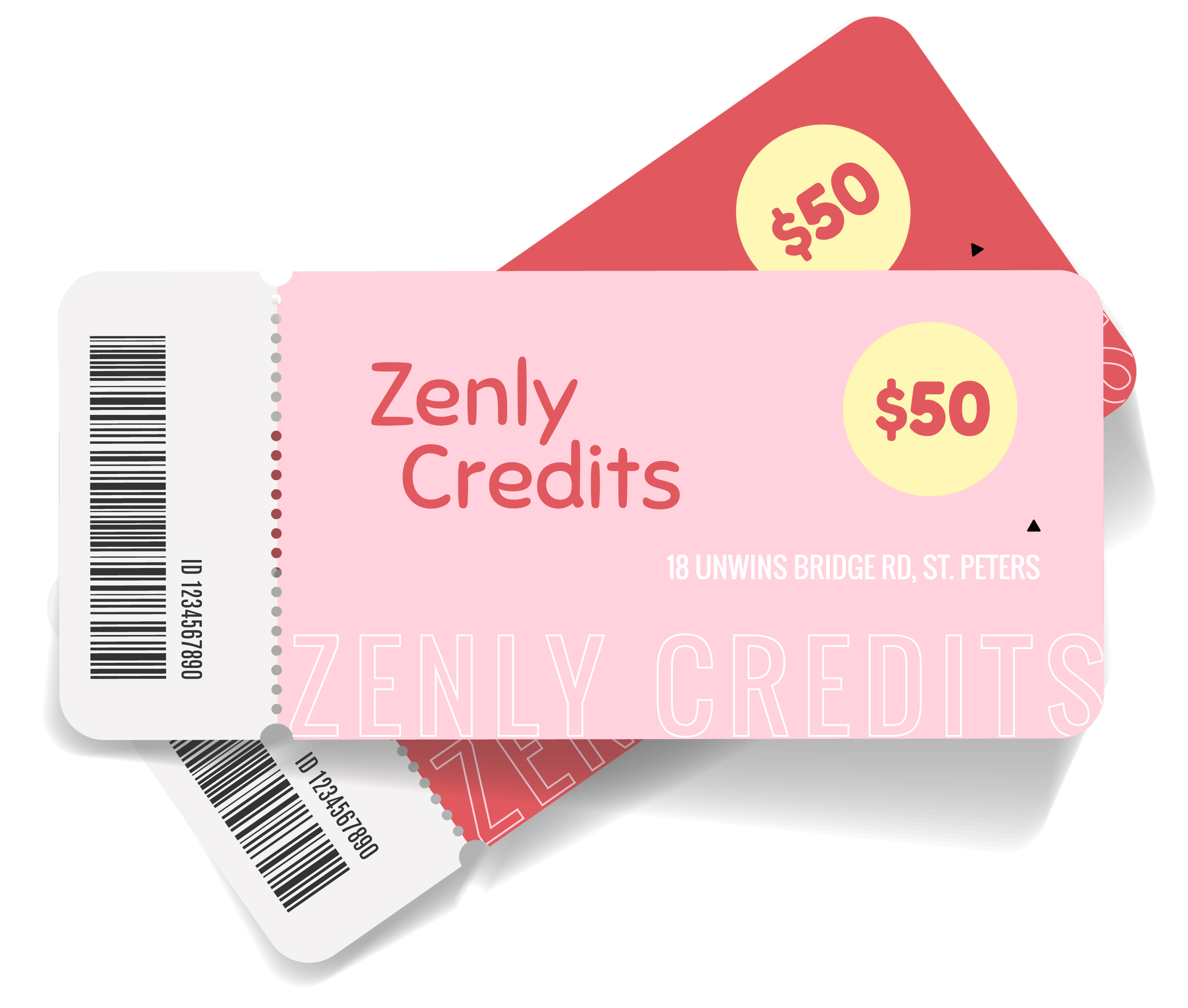 Stack of gift cards with pink and red designs, displaying the words 'Zenly Credits' and a $50 value, on a black background.